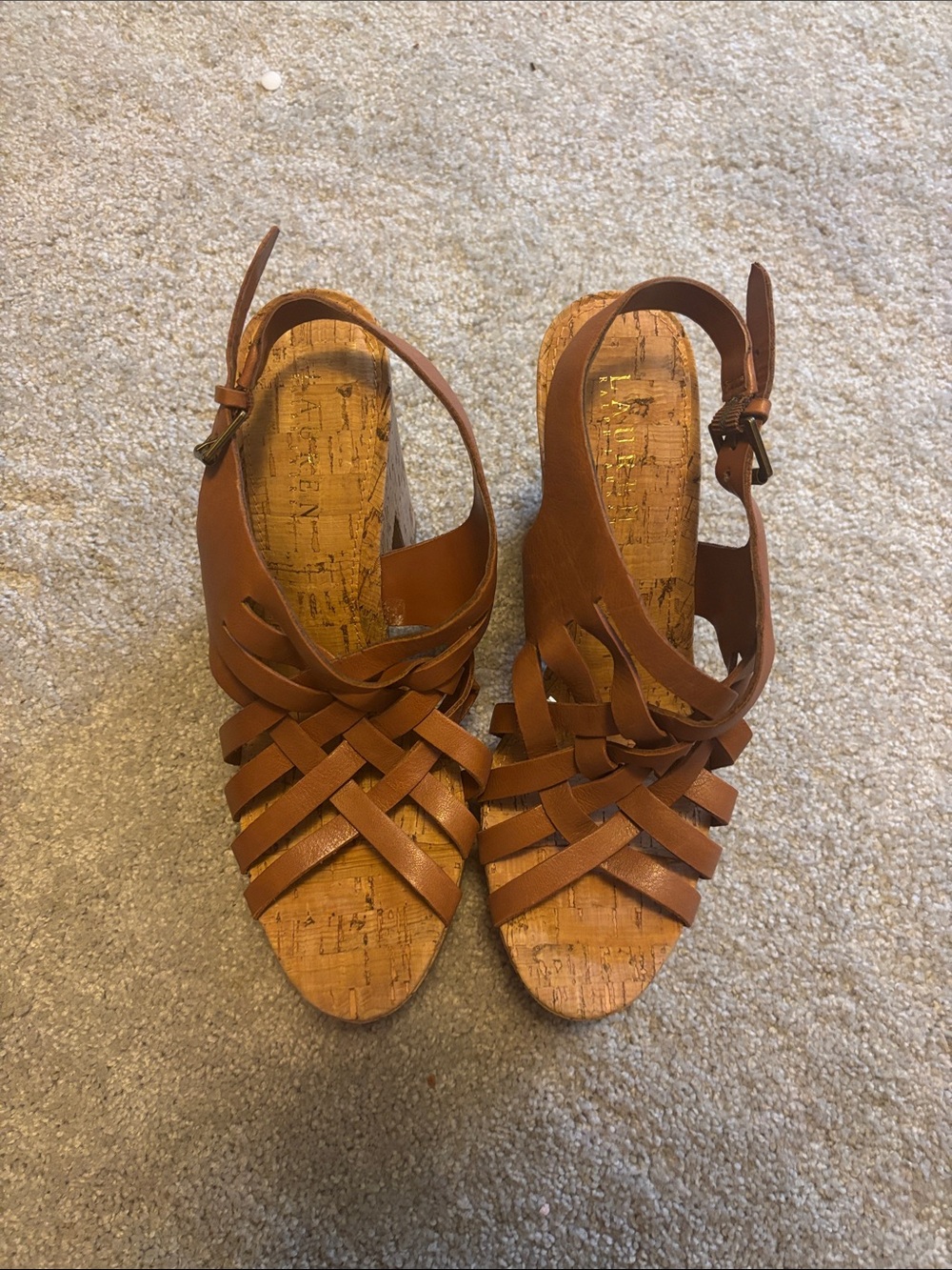 Ralph Lauren Tan Woven Leather Cork Wedge Sandals